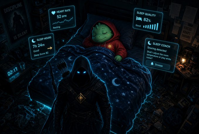 Stylized illustration of a glowing-eyed hooded figure standing beside a sleeping person in bed, overlaid with sleep tracking metrics including heart rate, sleep hours, and a sleep coach notification.