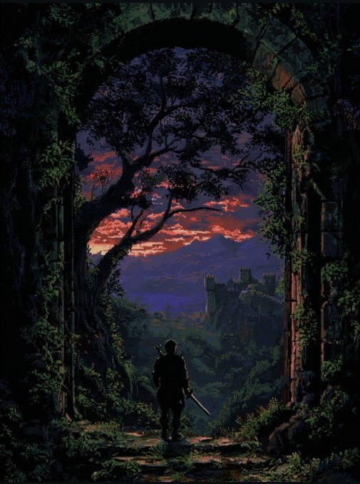 A fantasy illustration of a silhouetted figure holding a sword, standing in an overgrown archway overlooking a distant castle at sunset.