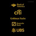 An Android boot screen displaying the logos of Bank of America, Citi, Goldman Sachs, Deutsche Bank, and UBS.