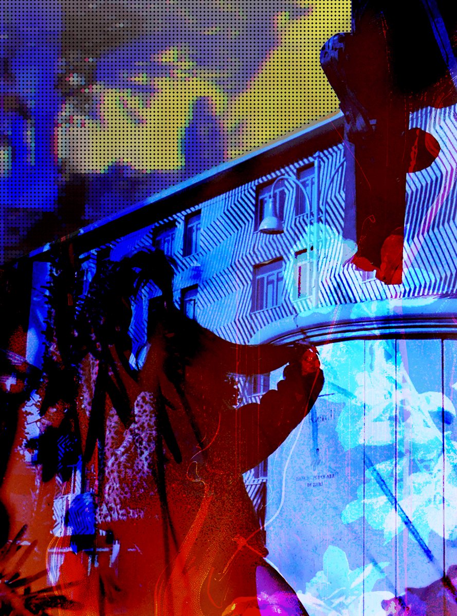 The image features a building with a window that has been painted blue and white, giving it an artistic appearance. A person wearing a red jacket stands next to this unique building, which appears to be a part of a larger art project or installation. The text "Gm!Half dream, half memory." is present in the image, possibly referring to the surreal nature of the scene or the juxtaposition between the building and the person's presence.

The image also contains some text that reads "post" and "half dream," which could be part of a caption or description related to the artwork.