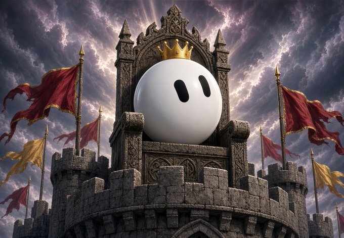 A surreal digital artwork showing a large white sphere with two black oval eyes, wearing a golden crown and sitting on an ornate stone throne against a dramatic cloudy sky with red and yellow flags.
