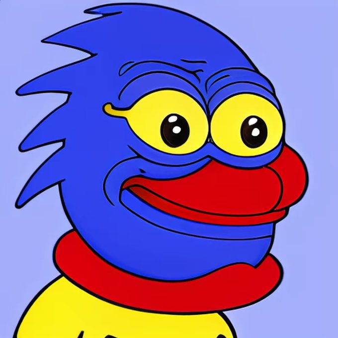 A cartoon drawing of a blue fish-like creature with large yellow eyes and red lips on a light blue background.