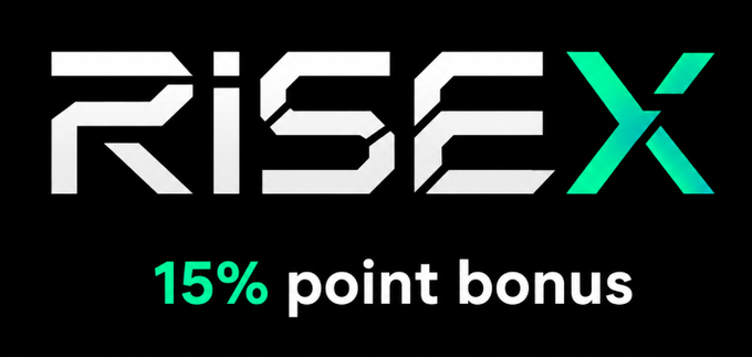 This image displays the "RISE X" logo and announces a "15% point bonus," aligning with the post's celebration of reaching a new tier on RiseX and the associated referral bonus.