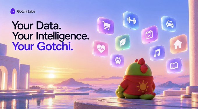 A promotional banner for Gotchi Labs reading 'Your Data. Your Intelligence. Your Gotchi.' featuring a cartoon dinosaur character in a red hoodie overlooking a sunset seascape with floating app icons.
