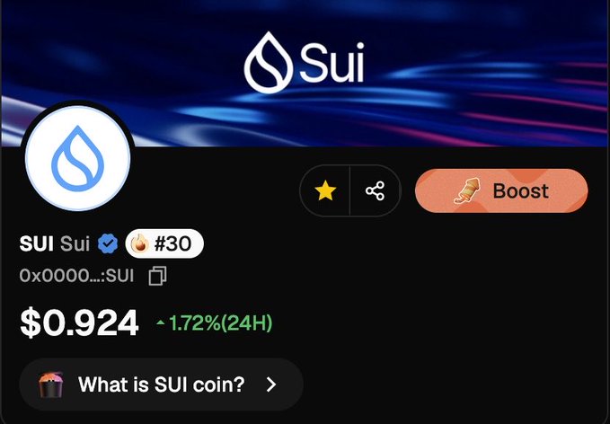 A screenshot of the Sui ($SUI) crypto page shows a price of $0.924, up 1.72% over 24 hours, with a verified #30 badge and a “Boost” button. It supports the post about buying more SUI toward the unchanged $50.00 target.