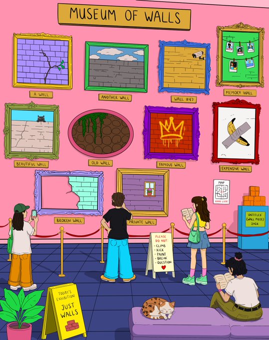 A whimsical illustration depicts the "MUSEUM OF WALLS" where visitors admire various framed wall artworks labeled "A WALL," "ANOTHER WALL," "WALL #47," "MEMORY WALL," "BEAUTIFUL WALL," "OLD WALL," "FAMOUS WALL," "EXPENSIVE WALL," "BROKEN WALL," and "PRIVATE WALL," while a cat naps on a bench nearby. The image promotes a "JUST WALLS" exhibition and "#WALLS event by @tornado_ilus" on @objktcom, playfully embracing minimalist artwork by making walls themselves the subject of the gallery.