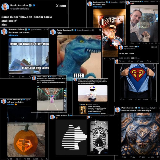 A collage of tweets from Paolo Ardoino (@paoloardoino), CEO of Tether, featuring cryptocurrency-related memes including a Bitcoin cat, a "TETHER, not Theter" Superman shirt, Tether's Northern Data mining facility, and other crypto-themed content referencing stablecoins, Bitcoin, USDT, and his Tether mascot "Bo Hines."