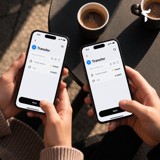 Two people hold iPhones displaying a "Transfer" screen showing "0 USDC" and "Instant" transfer duration, with coffee cups on a table.