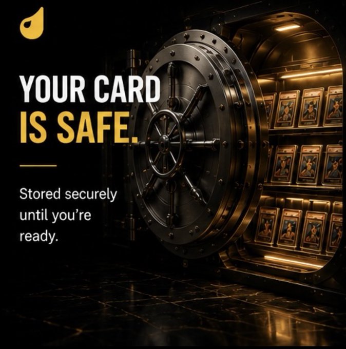 The image showcases a massive, open bank vault door revealing rows of trading cards displayed on illuminated shelves inside, with bold text reading "YOUR CARD IS SAFE." and "Stored securely until you're ready." The accompanying caption reinforces this visual by highlighting how DripShop's Vault feature addresses key trust concerns—showing collectors exactly where their cards are stored, how they're verified, and how the transparent system operates.