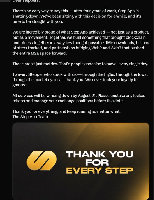 An announcement letter from the Step App Team informing users that after four years, the app is shutting down with services winding down by August 21, thanking users for their loyalty, ending with 'THANK YOU FOR EVERY STEP.'