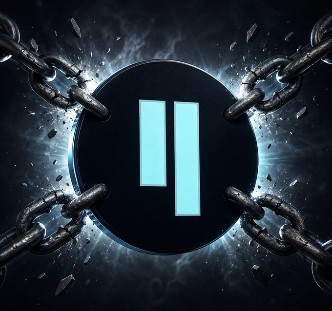 A dark circular emblem featuring the glowing cyan pause symbol (two vertical bars) is dramatically encircled by heavy, splintering chains, symbolizing QUBIC breaking free from its current limitations. The image visually reinforces the post's conviction that $QUBIC is poised to escape its current state and launch onto a top-3 global exchange by year's end.