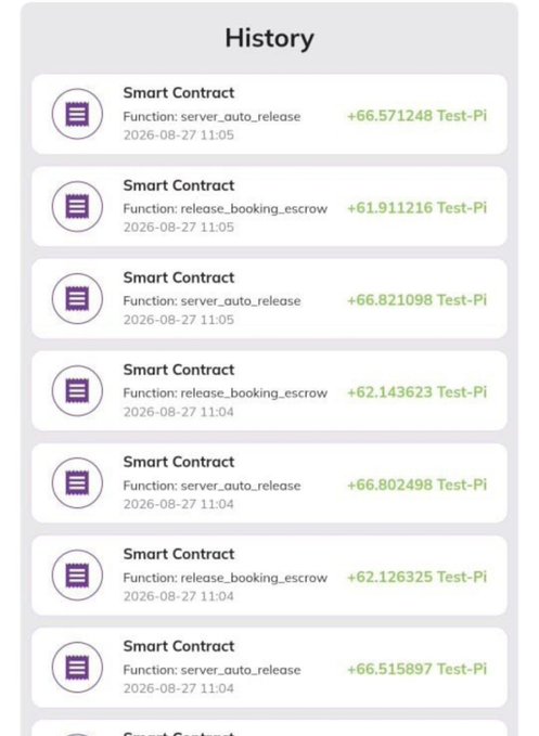 A mobile app "History" screen displays multiple Smart Contract transactions, alternating between `server_auto_release` and `release_booking_escrow` functions, all receiving Test-Pi amounts ranging from +61.91 to +66.82 on 2026-08-27 between 11:04 and 11:05. The transactions appear to be escrow releases from the V27 testnet, showing a steady stream of successful smart contract executions.