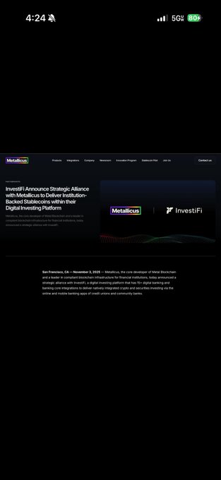 A mobile screenshot of a Metalicus news article titled 'InvestFi Announce Strategic Alliance with Metalicus to Deliver Institution-Backed Stablecoin within their Digital Investing Platform', dated November 5, 2025.