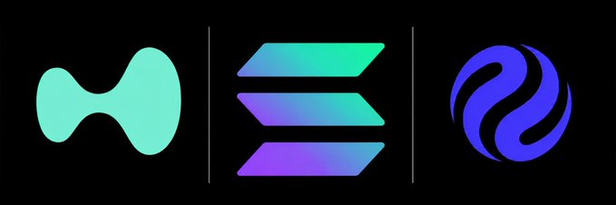 A black banner displaying three crypto/blockchain logos: a green/teal hourglass-shaped icon on the left, the purple Solana logo in the center, and a blue circular swirl logo on the right.