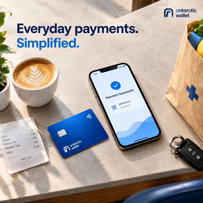 An advertisement for "antarctic wallet" with the headline "Everyday payments. Simplified," featuring a phone showing a successful payment, a branded blue credit card, a latte, a receipt, and a paper bag on a table.