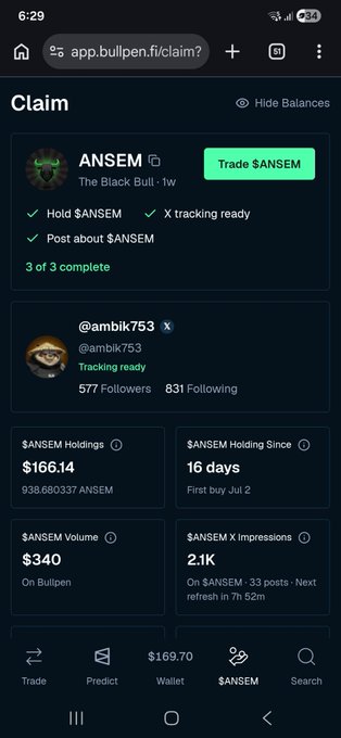 Bullpen.fi app screenshot showing a Claim page for the $ANSEM token meme 'The Black Bull · 1w', with user @ambik753 stats including $166.14 holdings and $340 volume.