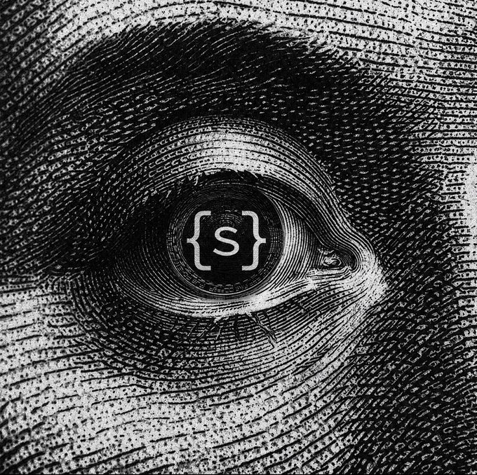 A close-up black and white image of a fingerprint with a stylized '{S}' logo overlaid in the center of the print.