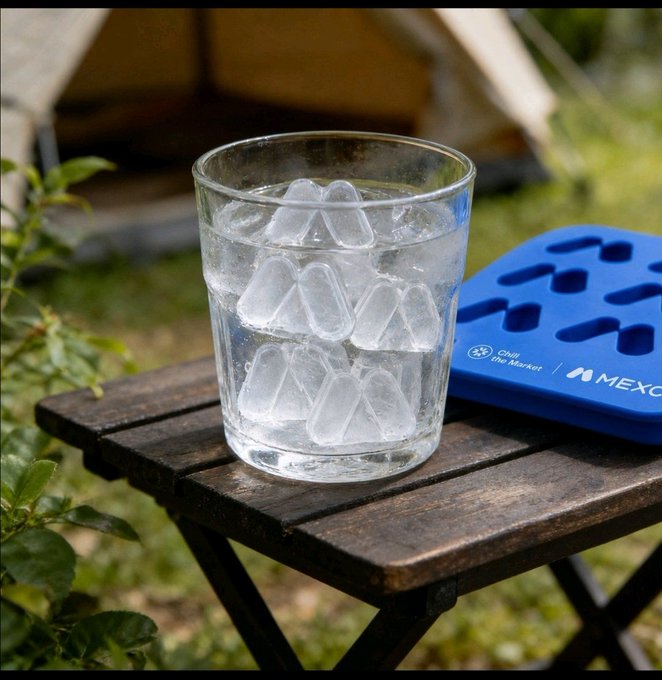 A clear glass filled with water and triangular ice cubes sits on a wooden camping table next to a blue silicone ice tray labeled 'MEXICO' and a tent in the background.