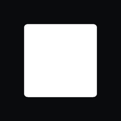 A simple black image featuring a blank white square with rounded corners centered on the dark background.
