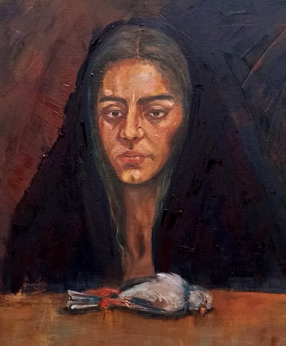 An oil painting depicting a sorrowful figure with dark hair and a shadowed face looking down at a small dead bird lying on a wooden surface.