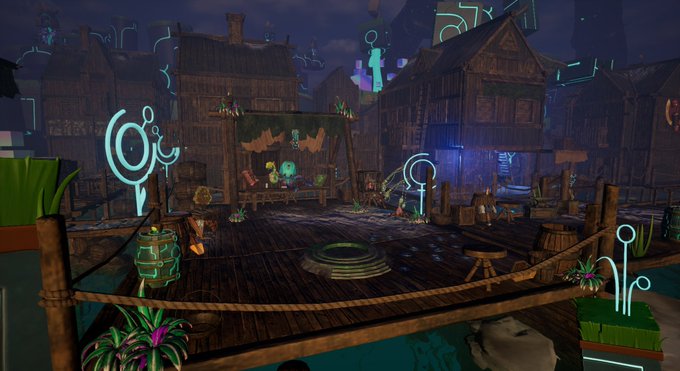 The image shows a scene with a large wooden bridge spanning across a body of water. The bridge has neon lights on its sides, creating an enchanting atmosphere. On one side of the bridge, there are buildings that appear to be made of wood or stone, adding to the overall ambiance. In the background, there is a cityscape featuring tall buildings and other structures.

The image also contains several potted plants scattered throughout the scene, enhancing the visual appeal and creating a sense of depth in the environment. The post about the game "ODK" suggests that this scene might be part of an online multiplayer game or a virtual world where players can interact with each other and explore various locations together.