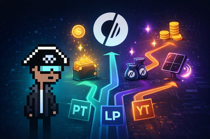 A pixel-art character stands beside glowing pathways labeled 'PT', 'LP', and 'YT' leading to a treasure chest, coins, and a satellite dish under a stylized logo.