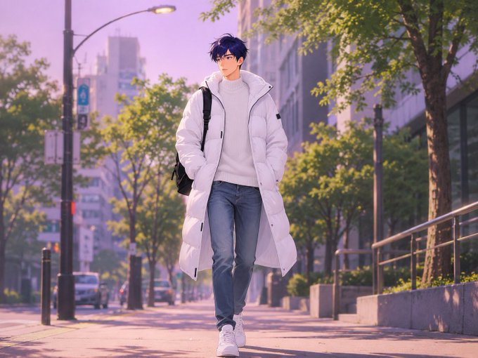 An anime-style illustration of a young man with dark hair wearing glasses, a long white puffer coat, and blue jeans, walking down a tree-lined city street.
