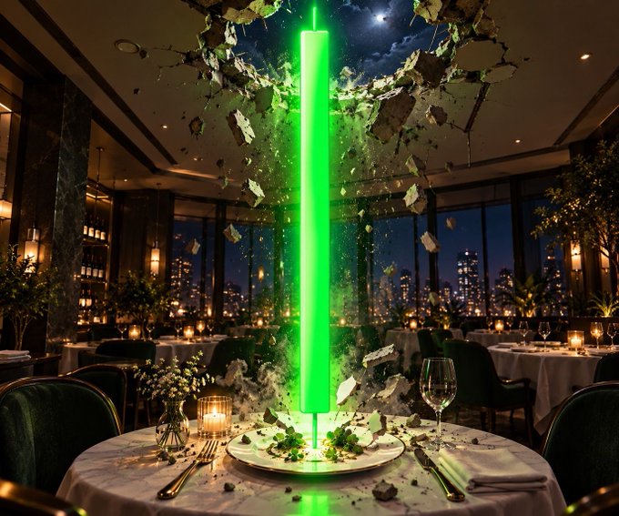 A fine dining table features an enormous glowing green pillar rising from a plate, shattering the ceiling and sending debris flying upward—visually representing an extreme "10,000x high" y-axis scale on a stock chart, suggesting a stock price that has skyrocketed beyond any reasonable chart range.