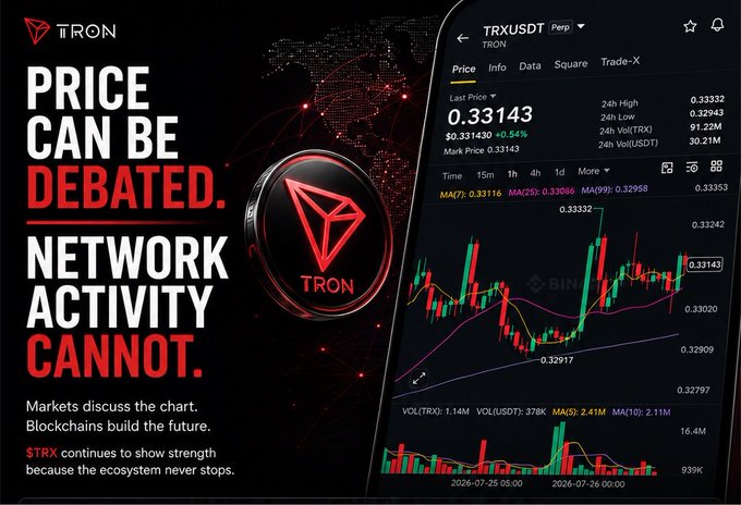 A TRON cryptocurrency promotional graphic stating 'PRICE CAN BE DEBATED. NETWORK ACTIVITY CANNOT,' featuring the TRX token logo and a smartphone displaying TRX/USDT price charts from Binance showing a last price of 0.33143.