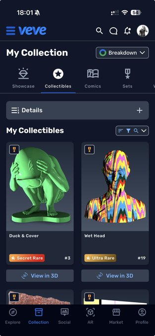The image shows a screenshot of a VeVe digital collectibles app displaying a user's "My Collection" page, featuring a green "Duck & Cover" sculpture (Secret Rare #3) and a colorful "Wet Head" bust (Ultra Rare #19). This relates to the post by showing the user proudly showcasing their newly acquired "Duck and Cover" NFT collectible on the secondary market.