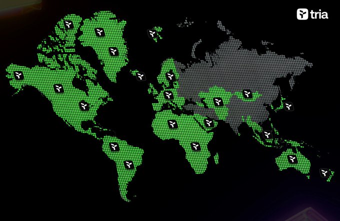 A stylized dotted world map highlights regions in green with airplane icons marking Tria's global reach, while a gray-shaded area appears over Eurasia; the "tria" logo is displayed in the top right corner. The map visually reinforces Tria's worldwide presence, supporting the post's message about delivering a seamless, uninterrupted crypto experience to users across the globe.