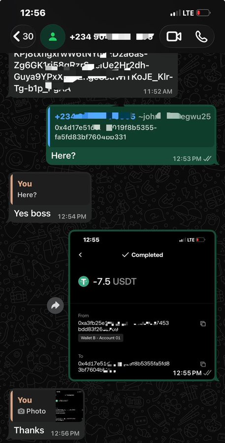 A smartphone screenshot of a WhatsApp conversation shows messages including “Here?”, “Yes boss,” and “Thanks,” alongside a completed transaction for “-7.5 USDT” with partially obscured wallet addresses.