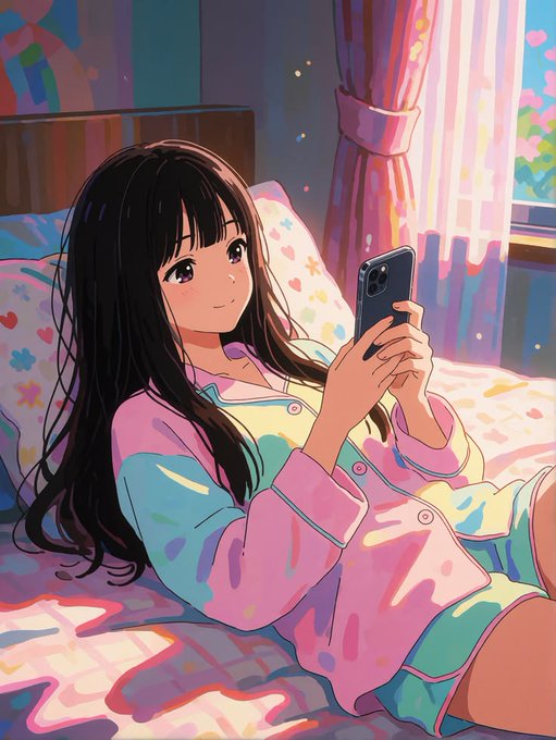 An anime-style illustration shows a smiling girl with long dark hair wearing a colorful pastel heart-patterned pajama set, lying on her bed while using a smartphone, with bright sunlight streaming through pink curtains in the background. The image visually represents the cozy, sleep-related theme of the post about Sleepagotchi's gamified sleep wellness platform and its AI-driven lifestyle agents.