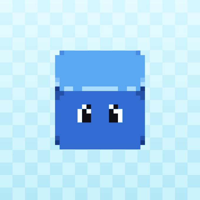 Pixel art style blue character with white eyes on a light blue checkered background.
