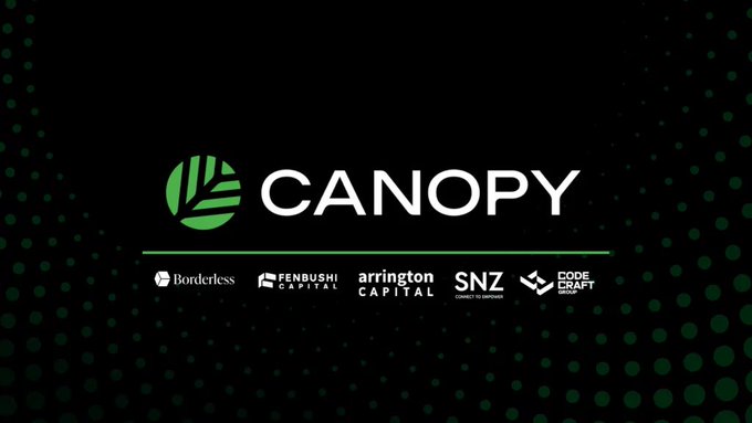 A logo for 'CANOPY' with a green leaf design, accompanied by smaller logos for Borderless, Fenbushi Capital, Arrington Capital, SNZ, and Code Craft.