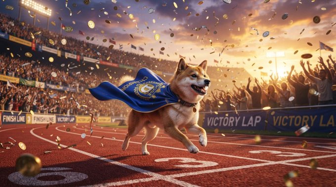 AI-generated image of a Shiba Inu dog wearing a blue 'Victory Lap' cape running on a stadium track surrounded by falling gold coins and cheering crowds.