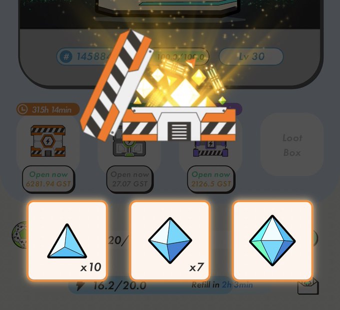 A mobile game screen from STEPN shows a glowing sneaker-shaped loot box opening animation, revealing three gem rewards (10 gray gems, 7 blue octahedrons, and 1 large cyan/green gem) alongside a level 30 account (#14588) with "Open now" timers and GST currency costs. The image relates to the tweet "もやって傘いるのかいらないのか #STEPN #STEPNGO" by showing the sneaker loot box feature, which humorously resembles an umbrella with its open lid, playing on the Japanese word "傘" (umbrella) in the caption.