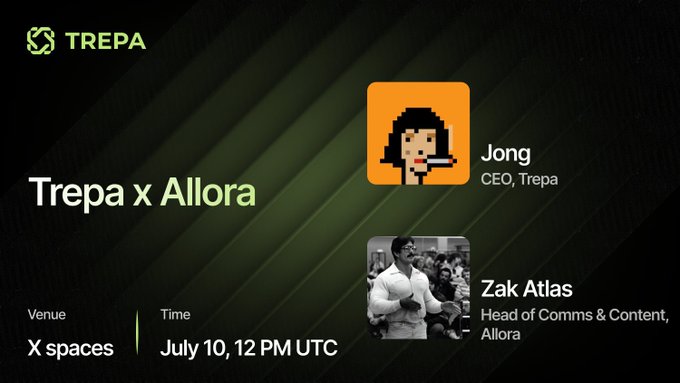 A promotional graphic for a TREPA x Allora X Space event scheduled for July 10 at 12 PM UTC, featuring Trepa CEO Jong and Allora's Head of Comms & Content Zak Atlas, aligning with the announcement of a discussion between @guyukyukgu and @AlloraNetwork on AI agents and precision markets.