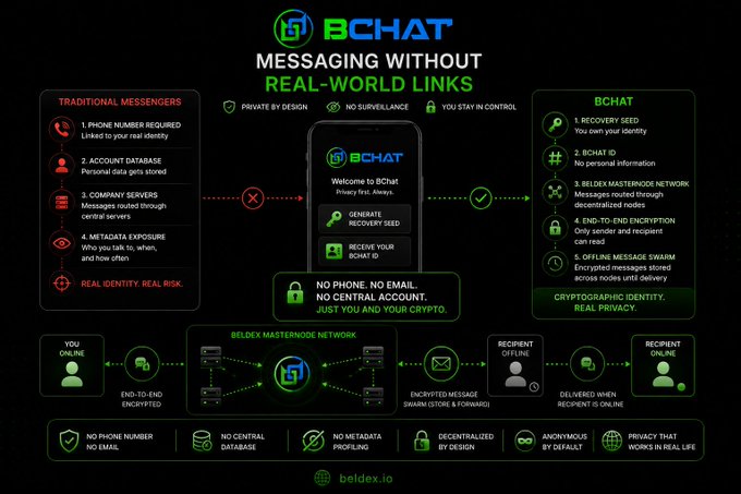 An infographic for BChat (beldex.io) titled 'MESSAGING WITHOUT REAL-WORLD LINKS,' contrasting traditional messengers with BChat's privacy features.