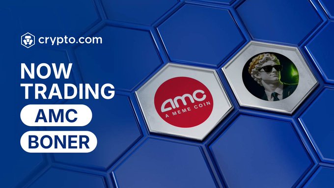 A promotional graphic from crypto.com announcing 'NOW TRADING' for 'AMC' and 'BONER,' featuring the AMC meme coin logo and an image of a man wearing a wig and sunglasses.