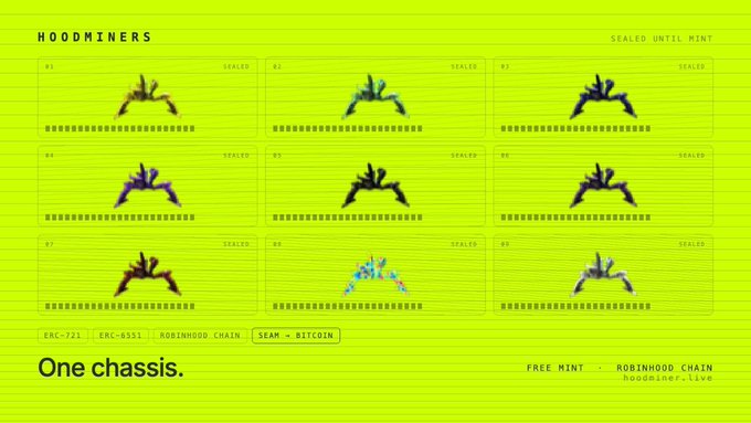 A yellow-themed webpage titled 'HOODMINERS' displaying 9 sealed mystery boxes (labeled #1-#9) with glitchy, pixelated artwork, labeled 'One chassis' with options for ERC-721, ERC-6551, and Robinhood Chain, advertising free mint on Robinhood Chain.