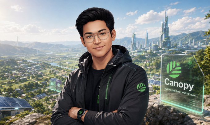 A digitally rendered young man wearing glasses and a black jacket with green accents stands on a rocky outcrop overlooking a futuristic green cityscape, next to a holographic 'Canopy' sign reading 'Building the Green Web3 Future'.