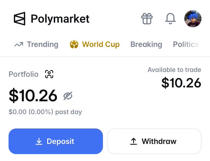 The image shows a screenshot of a trading app called PolyMarket, which displays details about a transaction between two traders. One trader has sent $10 for the week, with a goal of reaching $100 by the end of that period. The other trader is currently offering a Portfolio with a price of $10.26 and timing favorable to trade on World Cup politics. There are also statistics available in the app regarding trading volumes and market trends.