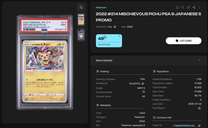 A digital card listing displays a 2022 Pokémon Japanese S-Promo #214 Mischievous Pichu card, PSA graded Mint 9 with an insured value of $49, showing a population higher of 11,588 out of 16,832 graded.