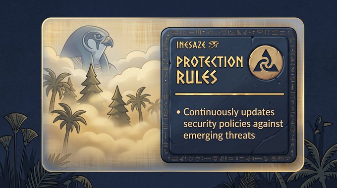 A fantasy-style card titled 'INEGAZE PROTECTION RULES' featuring a hawk/falcon illustration, palm trees, and clouds, noting it 'Continuously updates security policies against emerging threats.'