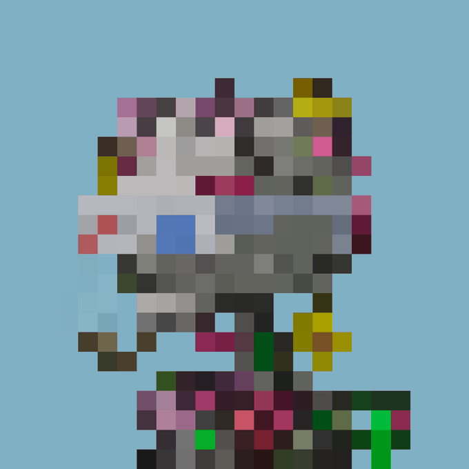 A pixelated, low-resolution character sprite composed of colorful blocks against a light blue background, representing one of the 9,999 NFT Argonauts decoded and reassembled from on-chain bytecode.