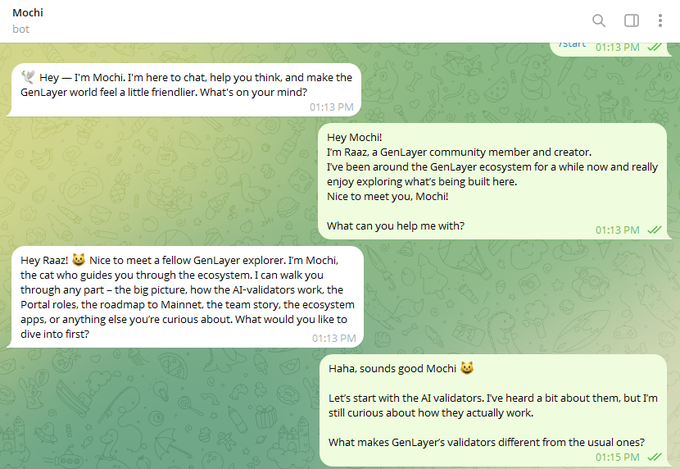 A chat conversation with 'Mochi bot' where a user named Raaz introduces himself as a GenLayer community member and asks about AI validators.