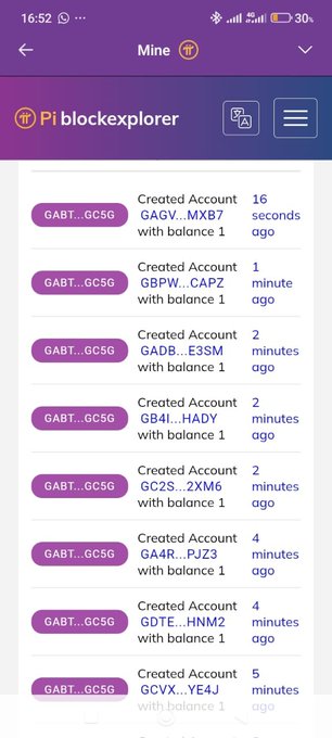 A Pi blockchain explorer screenshot showing multiple newly created accounts (GABT...GC5G) with balance 1, created within the last 5 minutes, visually confirming the wave of Mainnet migrations described in the post.