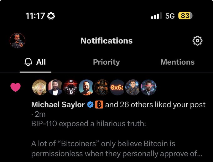 A mobile notifications screen shows that Michael Saylor and 26 others liked a post referencing "BIP-110," with a snippet reading "A lot of 'Bitcoiners' only believe Bitcoin is permissionless when they personally approve of..."—supporting the caption's claim that Saylor's engagement signals the "CEO of Bitcoin" ruling against BIP-110 supporters.