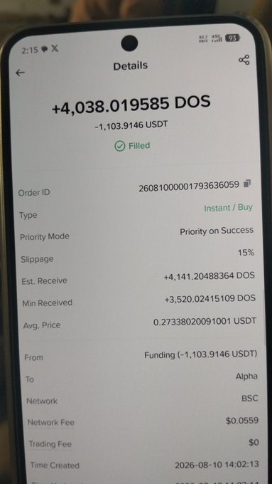 A mobile screen showing a completed crypto transaction detail for +4,038.019585 DOS bought with 1,103.9146 USDT on the Alpha platform via the BSC network.